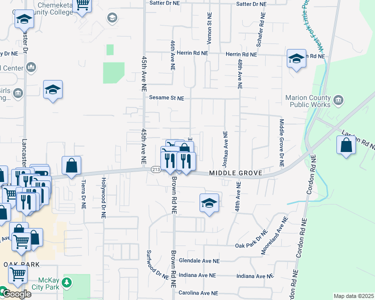 map of restaurants, bars, coffee shops, grocery stores, and more near 3623 47th Avenue Northeast in Salem