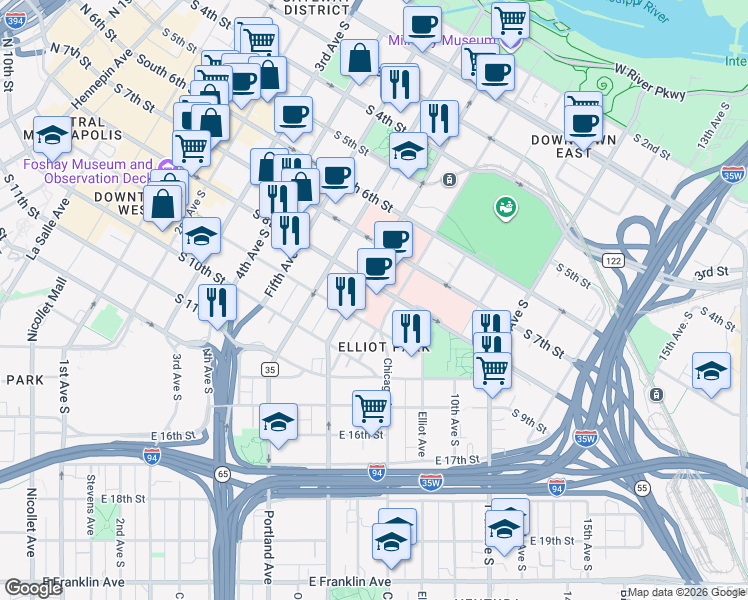 map of restaurants, bars, coffee shops, grocery stores, and more near 715 8th Street South in Minneapolis
