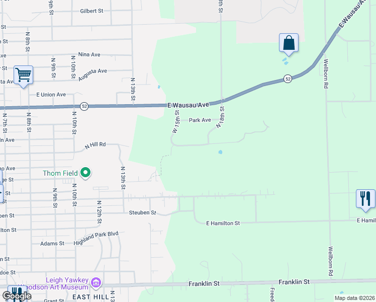 map of restaurants, bars, coffee shops, grocery stores, and more near 1607 Woodbury Parkway in Wausau