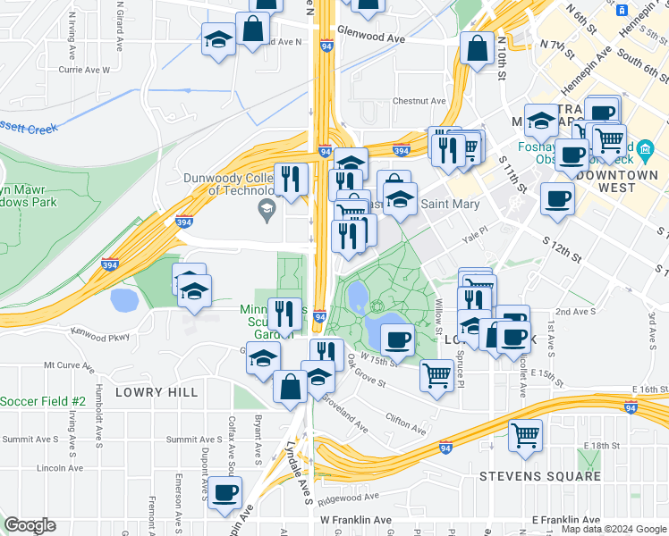 map of restaurants, bars, coffee shops, grocery stores, and more near 1645 Hennepin Avenue in Minneapolis