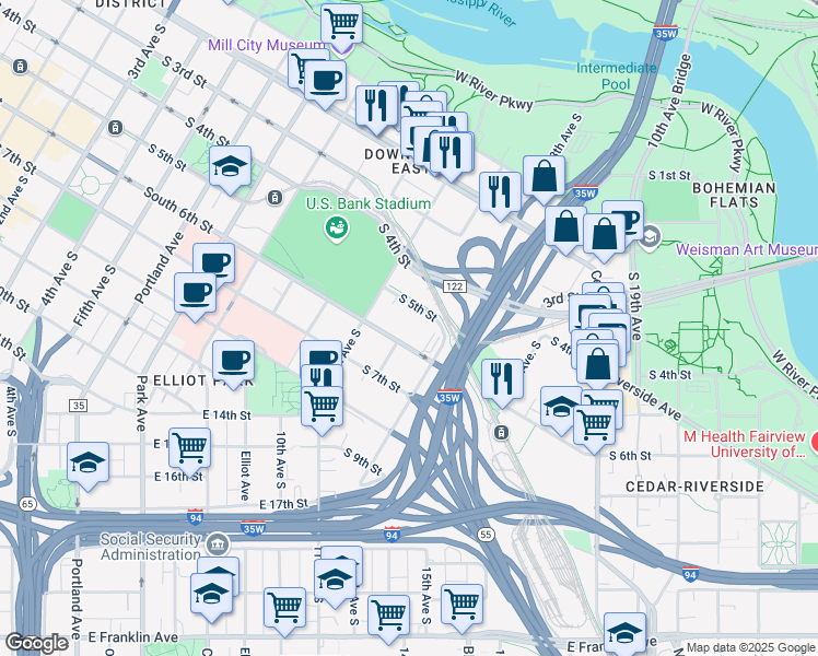map of restaurants, bars, coffee shops, grocery stores, and more near 511 11th Avenue South in Minneapolis