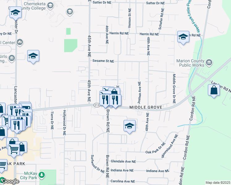 map of restaurants, bars, coffee shops, grocery stores, and more near 3637 47th Avenue Northeast in Salem