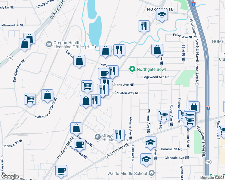 map of restaurants, bars, coffee shops, grocery stores, and more near 2040 Stortz Avenue Northeast in Salem