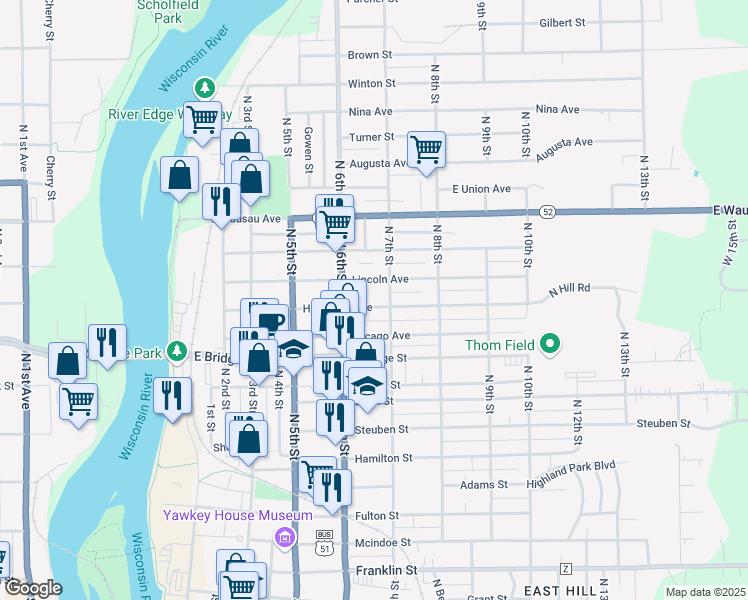 map of restaurants, bars, coffee shops, grocery stores, and more near 621 Lincoln Avenue in Wausau