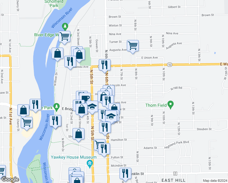 map of restaurants, bars, coffee shops, grocery stores, and more near 621 Lincoln Avenue in Wausau