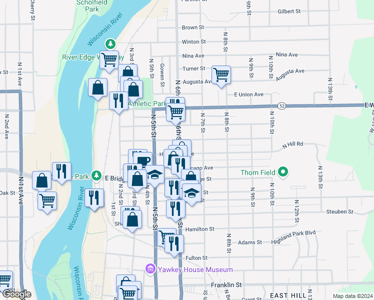 map of restaurants, bars, coffee shops, grocery stores, and more near 621 Lincoln Avenue in Wausau