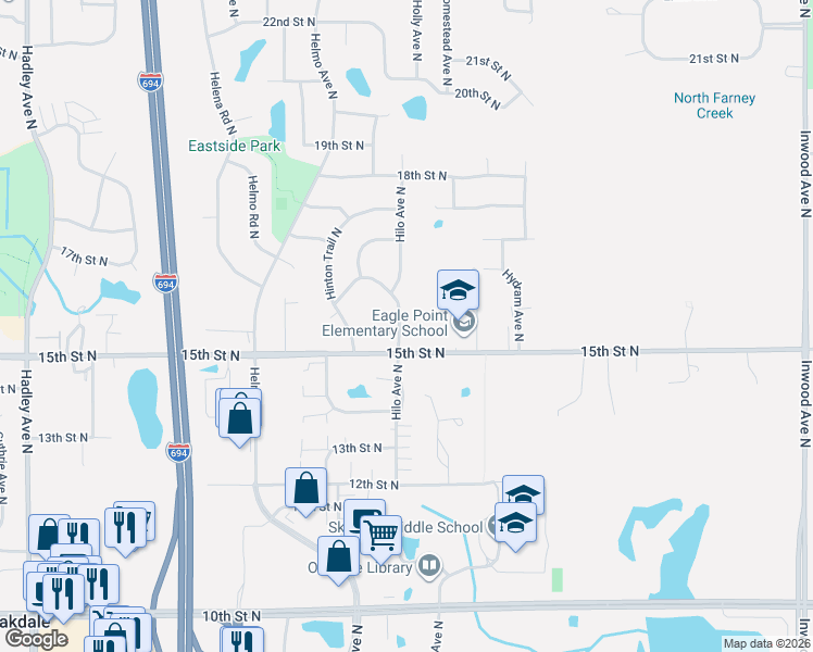 map of restaurants, bars, coffee shops, grocery stores, and more near 1551 Hilo Avenue North in Oakdale