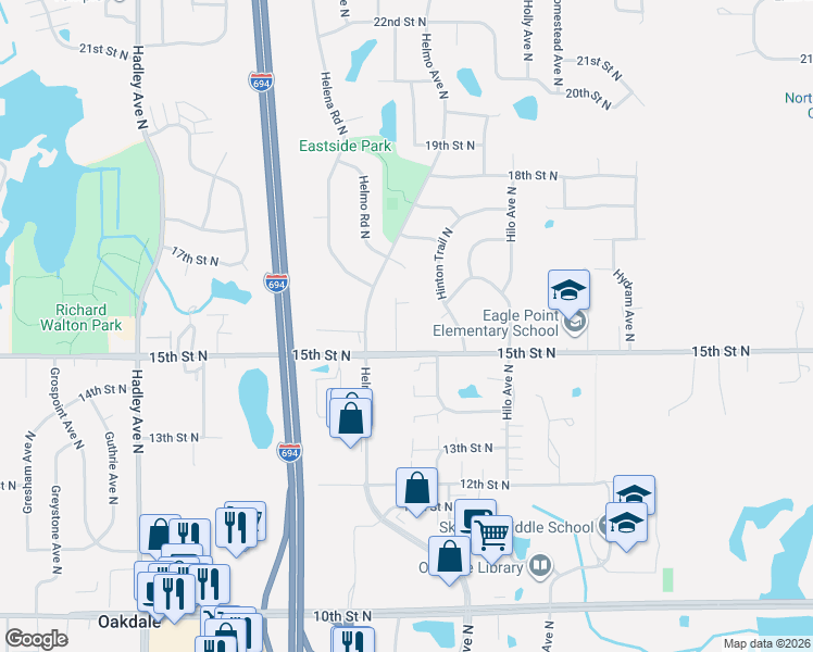 map of restaurants, bars, coffee shops, grocery stores, and more near 1580 Hinton Trail North in Oakdale