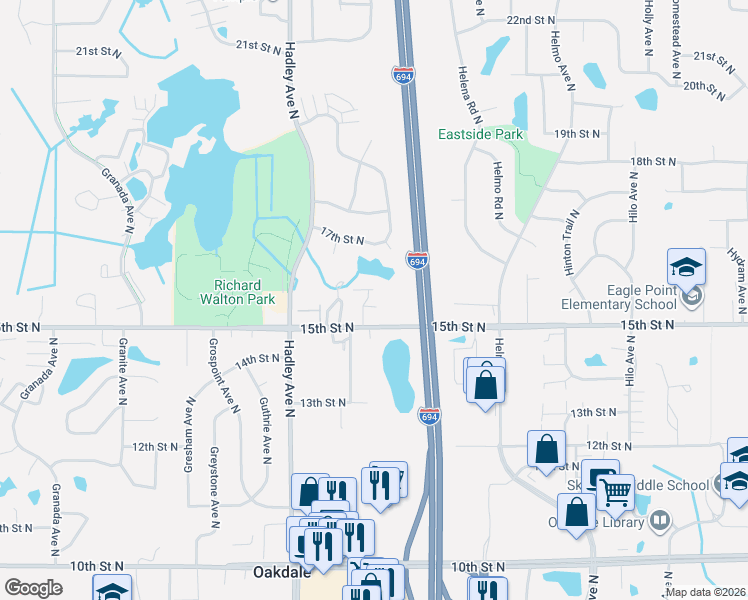 map of restaurants, bars, coffee shops, grocery stores, and more near 1565 Hallmark Avenue North in Oakdale