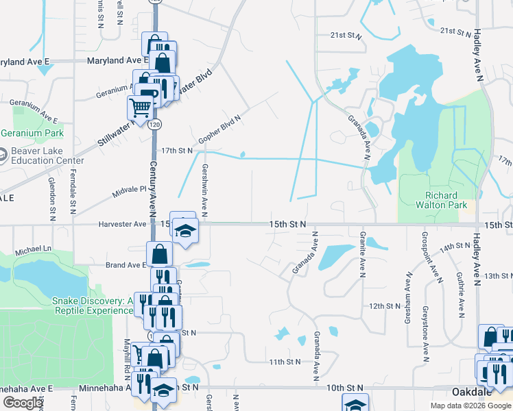 map of restaurants, bars, coffee shops, grocery stores, and more near 1552 Goodview Avenue North in Oakdale