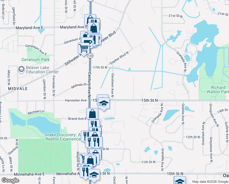 map of restaurants, bars, coffee shops, grocery stores, and more near 1556 Gershwin Avenue North in Oakdale