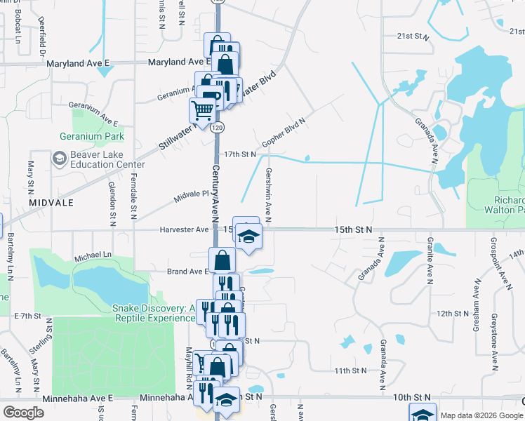 map of restaurants, bars, coffee shops, grocery stores, and more near 1556 Gershwin Avenue North in Oakdale