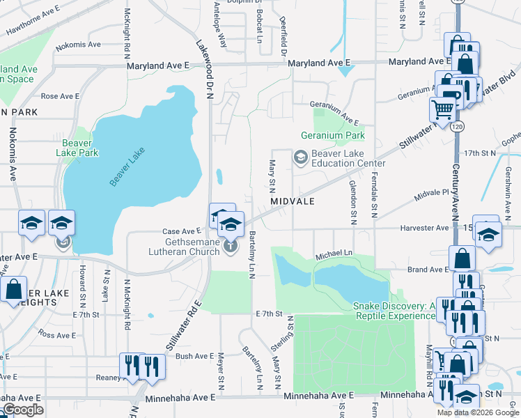 map of restaurants, bars, coffee shops, grocery stores, and more near 1014 Bartelmy Lane North in Saint Paul