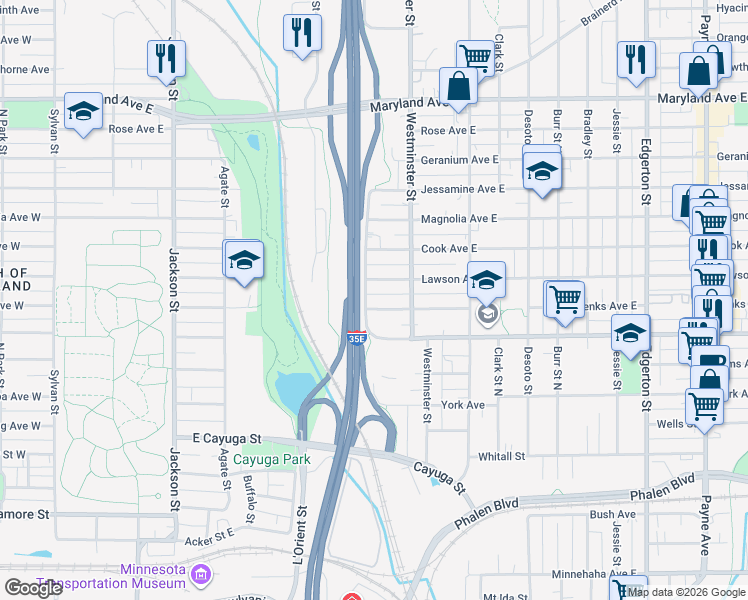 map of restaurants, bars, coffee shops, grocery stores, and more near 298 Lawson Avenue East in Saint Paul