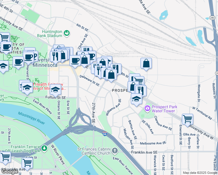 map of restaurants, bars, coffee shops, grocery stores, and more near 2701 Delaware Street Southeast in Minneapolis