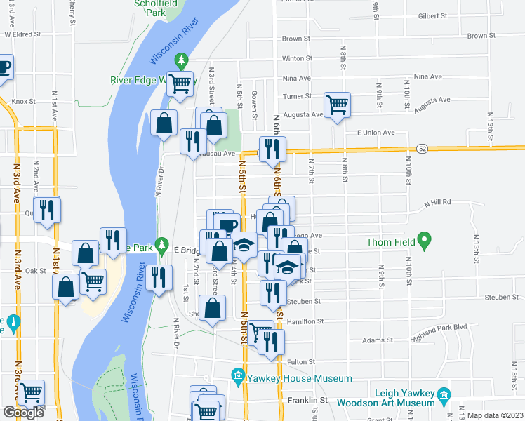 map of restaurants, bars, coffee shops, grocery stores, and more near 520 Humboldt Avenue in Wausau