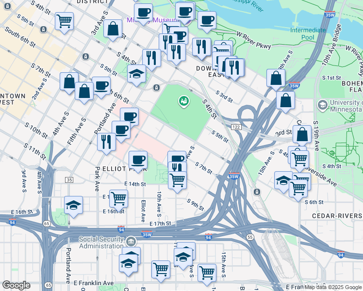 map of restaurants, bars, coffee shops, grocery stores, and more near 1010 South 7th Street in Minneapolis