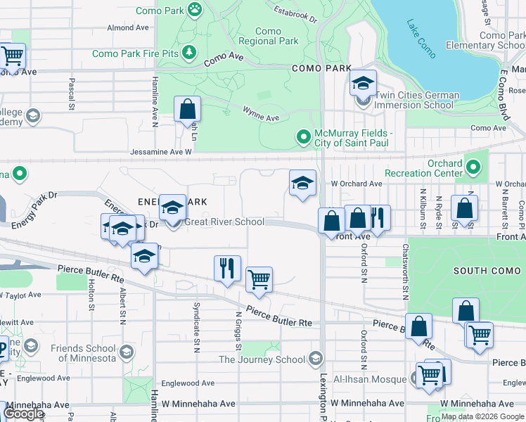 map of restaurants, bars, coffee shops, grocery stores, and more near 1180 Cushing Cir in St Paul