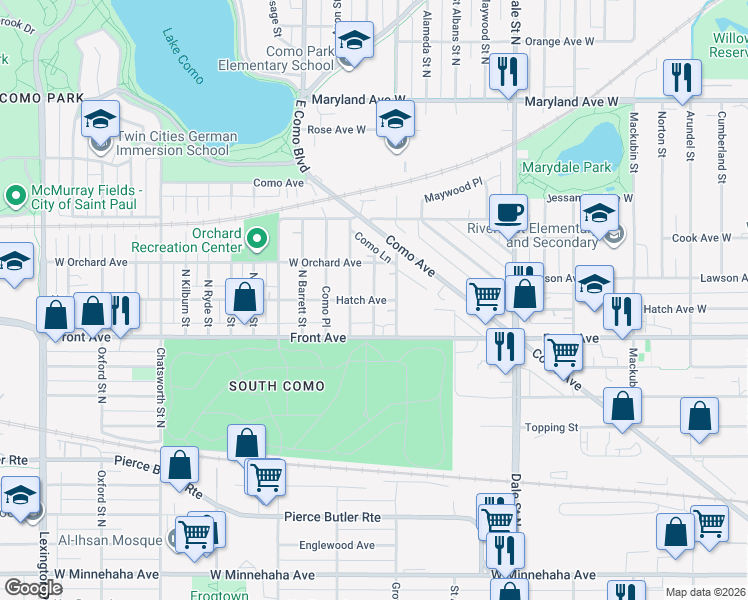 map of restaurants, bars, coffee shops, grocery stores, and more near Hatch Ave & N Jameson St in St Paul