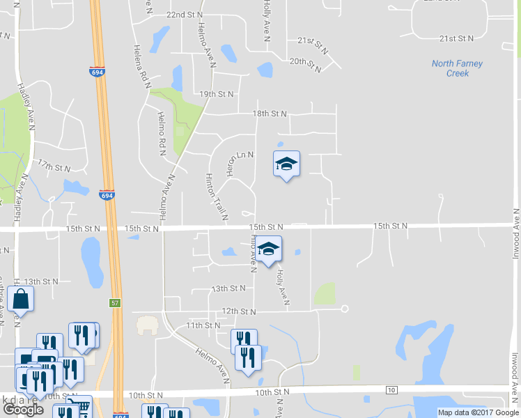 map of restaurants, bars, coffee shops, grocery stores, and more near 1551 Hilo Avenue North in Oakdale