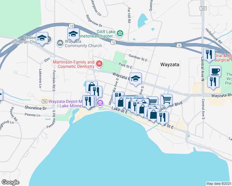 map of restaurants, bars, coffee shops, grocery stores, and more near 228 Minnetonka Avenue South in Wayzata