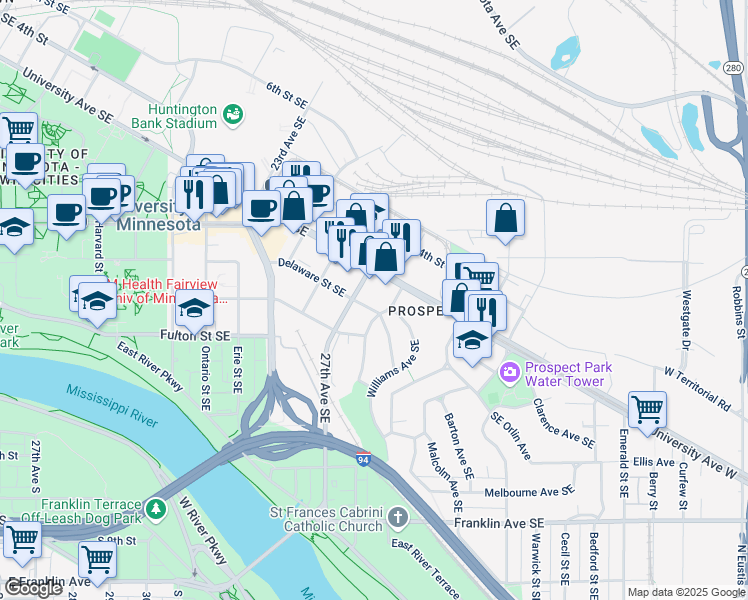 map of restaurants, bars, coffee shops, grocery stores, and more near 2701 Delaware Street Southeast in Minneapolis
