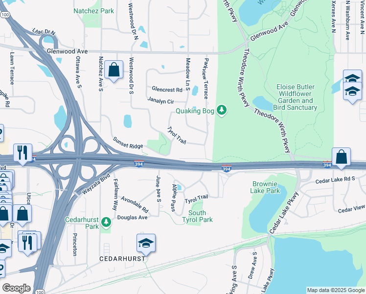 map of restaurants, bars, coffee shops, grocery stores, and more near 920 Tyrol Trail in Minneapolis
