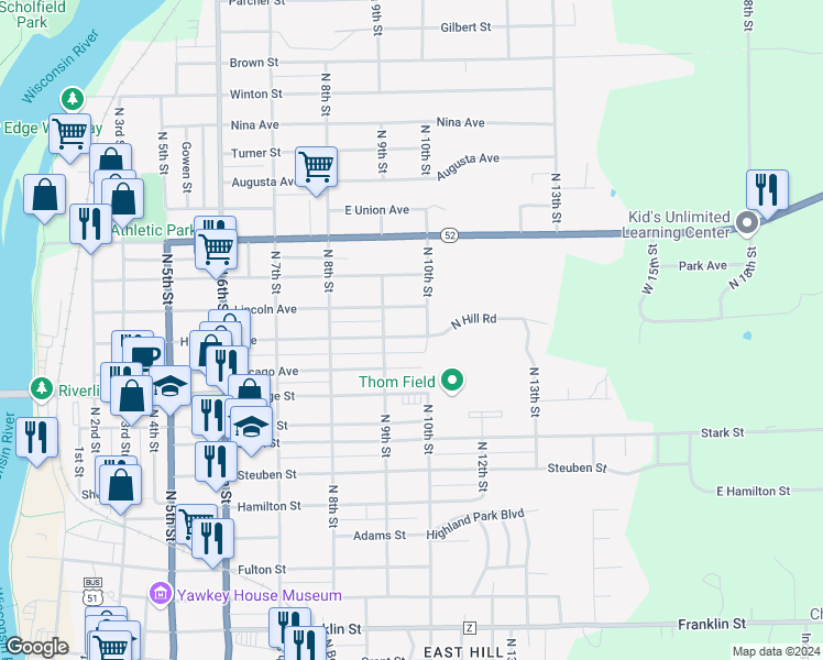 map of restaurants, bars, coffee shops, grocery stores, and more near 916 Humboldt Avenue in Wausau