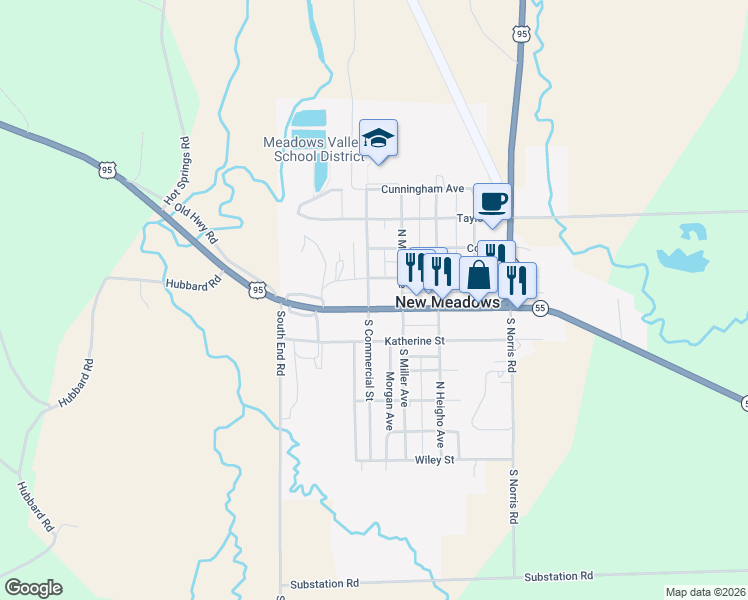 map of restaurants, bars, coffee shops, grocery stores, and more near 100 Virginia Street in New Meadows