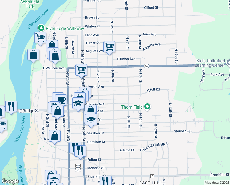 map of restaurants, bars, coffee shops, grocery stores, and more near 802 Humboldt Ave in Wausau