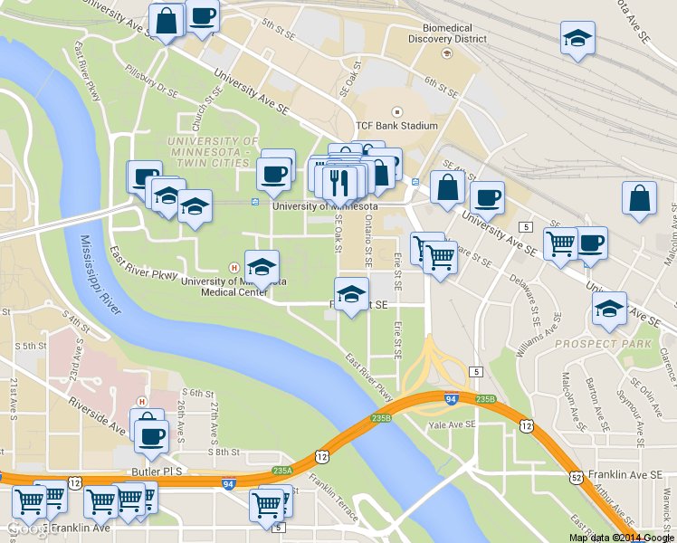 map of restaurants, bars, coffee shops, grocery stores, and more near 501 Essex St SE in Minneapolis