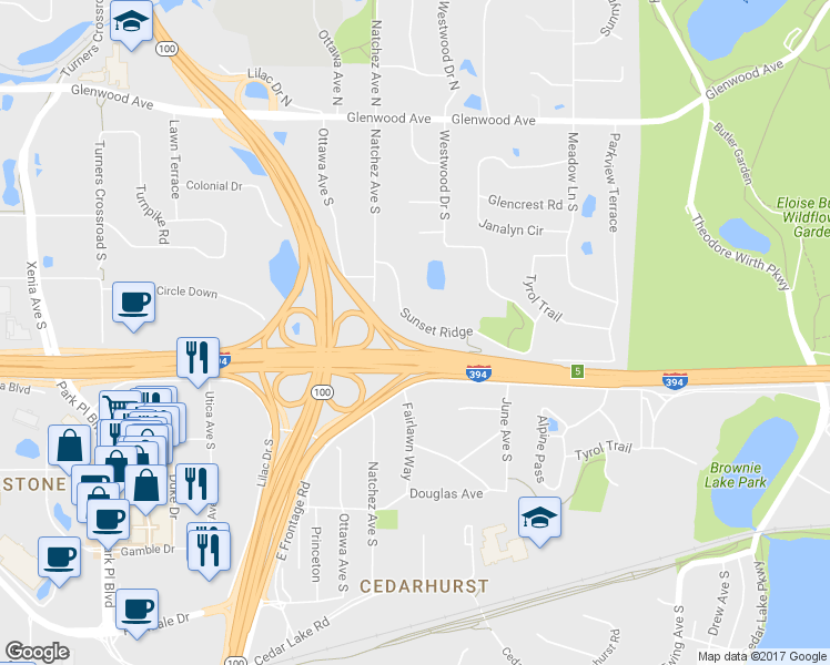 map of restaurants, bars, coffee shops, grocery stores, and more near 4527 Sunset Ridge in Minneapolis