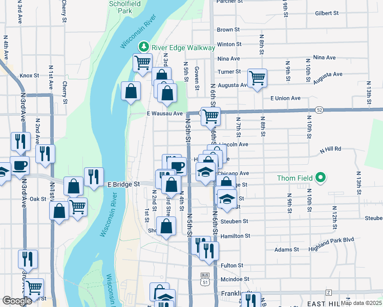 map of restaurants, bars, coffee shops, grocery stores, and more near 1805 North 5th Street in Wausau