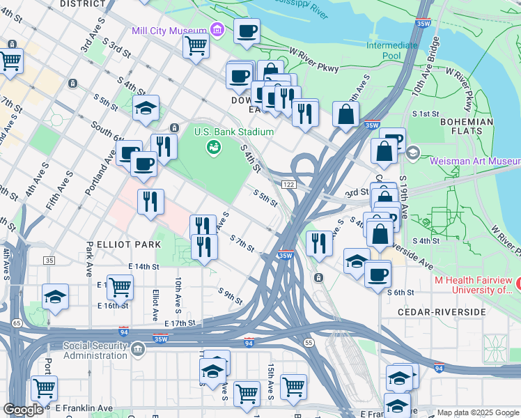 map of restaurants, bars, coffee shops, grocery stores, and more near 511 11th Ave S in Minneapolis