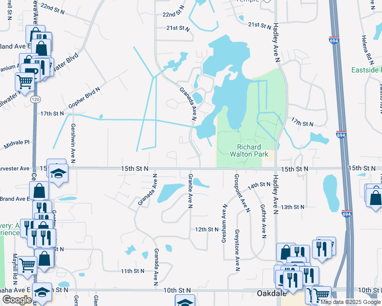 map of restaurants, bars, coffee shops, grocery stores, and more near 1550 Granada Avenue North in Oakdale