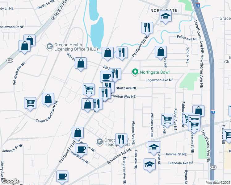 map of restaurants, bars, coffee shops, grocery stores, and more near 2040 Stortz Avenue Northeast in Salem