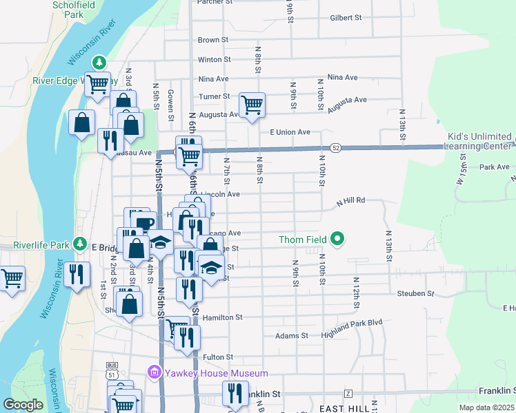 map of restaurants, bars, coffee shops, grocery stores, and more near 802 Humboldt Avenue in Wausau