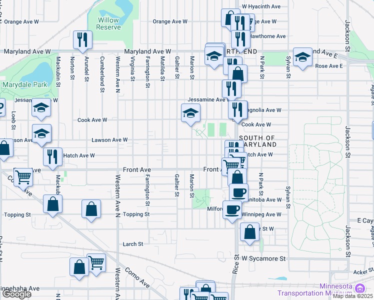 map of restaurants, bars, coffee shops, grocery stores, and more near 1002 Marion Street in Saint Paul