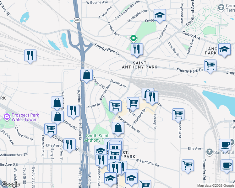 map of restaurants, bars, coffee shops, grocery stores, and more near 980 Manvel Street in Saint Paul