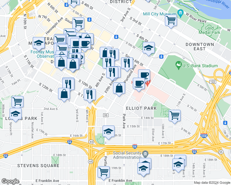 map of restaurants, bars, coffee shops, grocery stores, and more near 917 Fifth Avenue South in Minneapolis