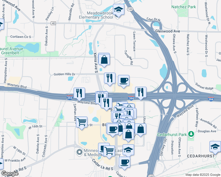map of restaurants, bars, coffee shops, grocery stores, and more near 1140-1298 Turners Crossroad S in Golden Valley