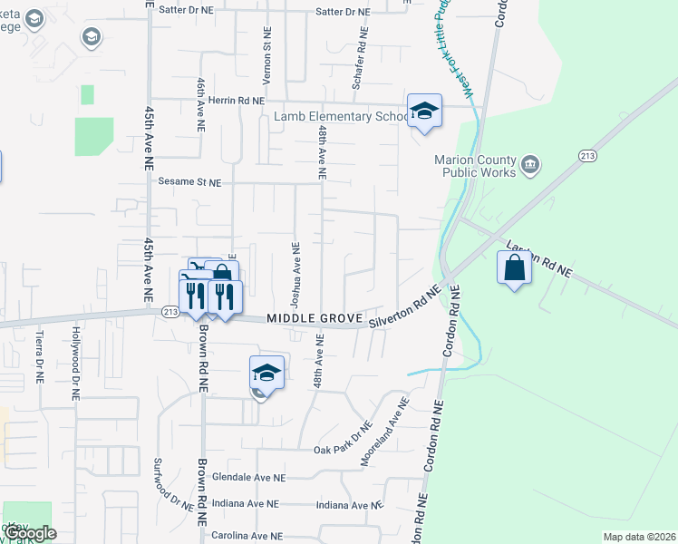 map of restaurants, bars, coffee shops, grocery stores, and more near 3631 Silverstone Court Northeast in Salem