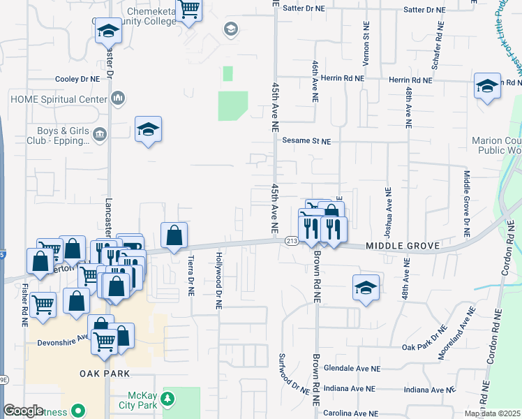 map of restaurants, bars, coffee shops, grocery stores, and more near 4450 Conser Way Northeast in Salem