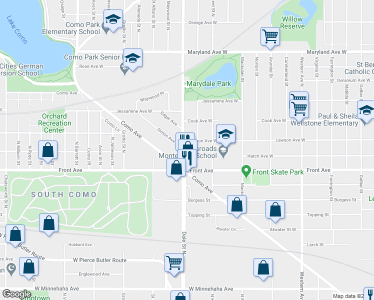 map of restaurants, bars, coffee shops, grocery stores, and more near 1002 Dale Street North in Saint Paul