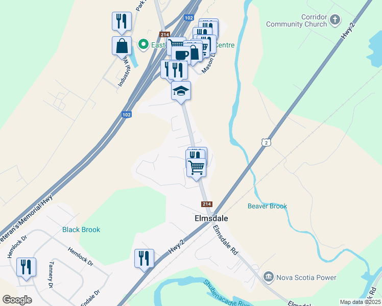 map of restaurants, bars, coffee shops, grocery stores, and more near 192 Nova Scotia 214 in Elmsdale