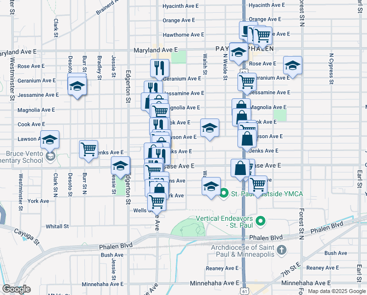 map of restaurants, bars, coffee shops, grocery stores, and more near 677 Jenks Avenue East in Saint Paul