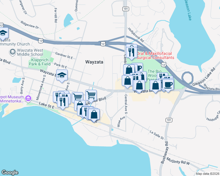 map of restaurants, bars, coffee shops, grocery stores, and more near 119 Benton Avenue in Wayzata