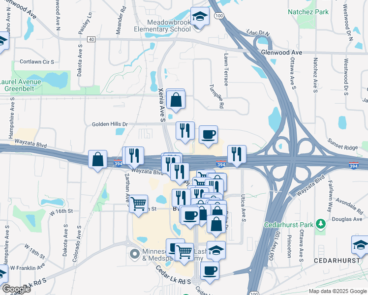 map of restaurants, bars, coffee shops, grocery stores, and more near 5500 Wayzata Boulevard in Golden Valley