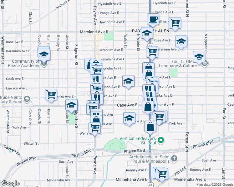map of restaurants, bars, coffee shops, grocery stores, and more near 707 Jenks Avenue East in Saint Paul