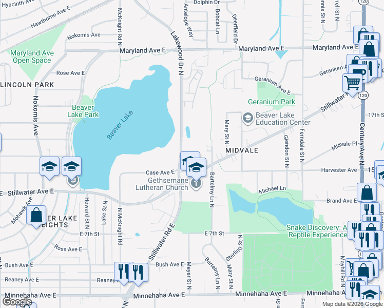map of restaurants, bars, coffee shops, grocery stores, and more near 994 Lakewood Drive in Maplewood